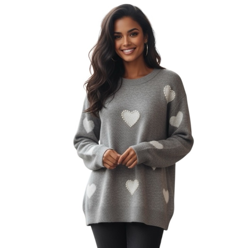 Emma’s Expressions Stretchy Knit Sweater Hearts All Over Print Casual Size XL
